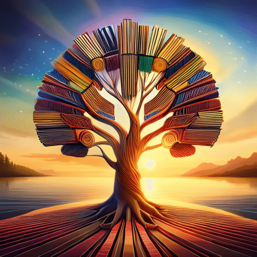 شجرة من الكتب في وقت غروب الشمس