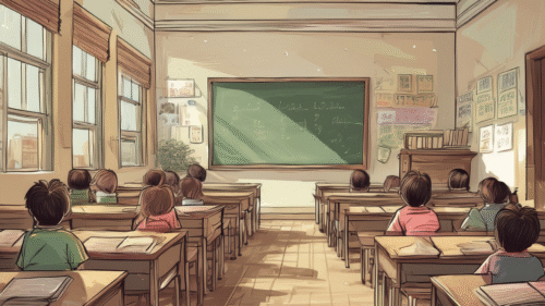 داخل فصل دراسي في مدرسة، توجد سبورة وطاولات وكراسي
