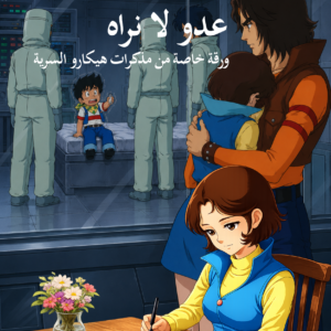 هيكارو تكتب في فتر مذكراتها وفي الخلفية دايسكي يحتضن هيارو وجورو يجلس على سرير وبجواره بعض الأشخاص بأزياء واقية