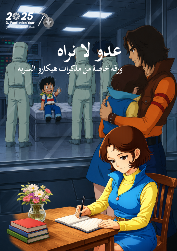 هيكارو تكتب في فتر مذكراتها وفي الخلفية دايسكي يحتضن هيارو وجورو يجلس على سرير وبجواره بعض الأشخاص بأزياء واقية